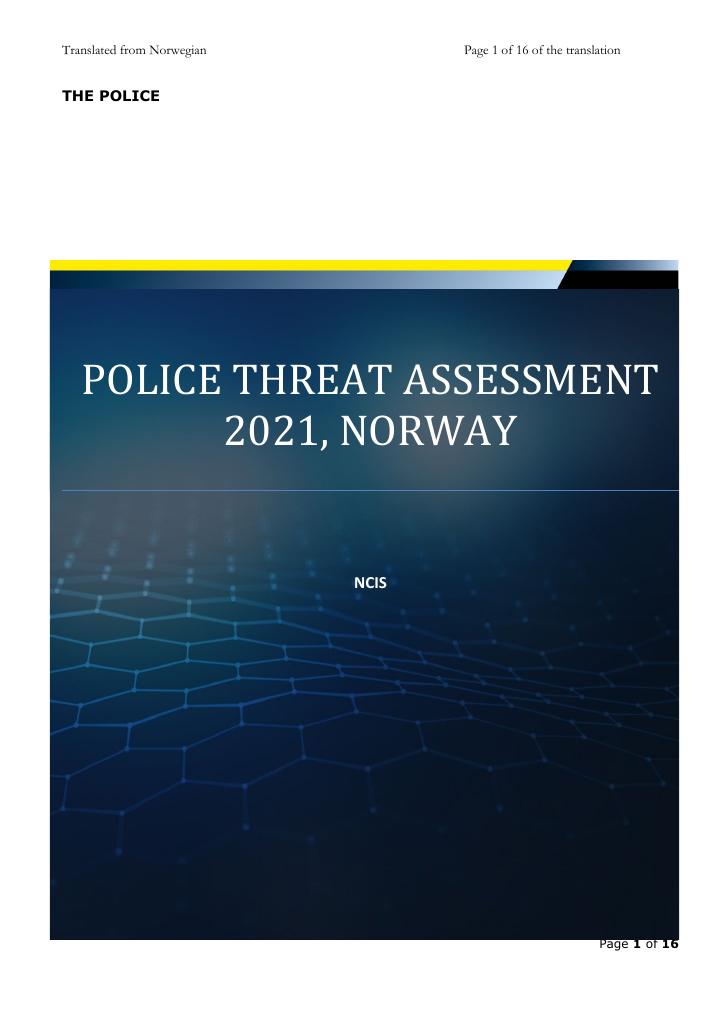 Forsiden av dokumentet Police Threat Assessment 2021, Norway