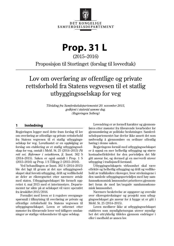 Forsiden av dokumentet Prop. 31 L (2015–2016)