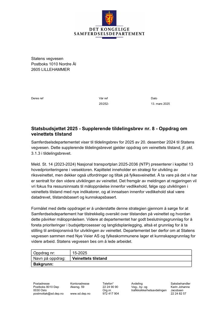 Forsiden av dokumentet Tildelingsbrev Statens vegvesen 2025 - tillegg nr. 8