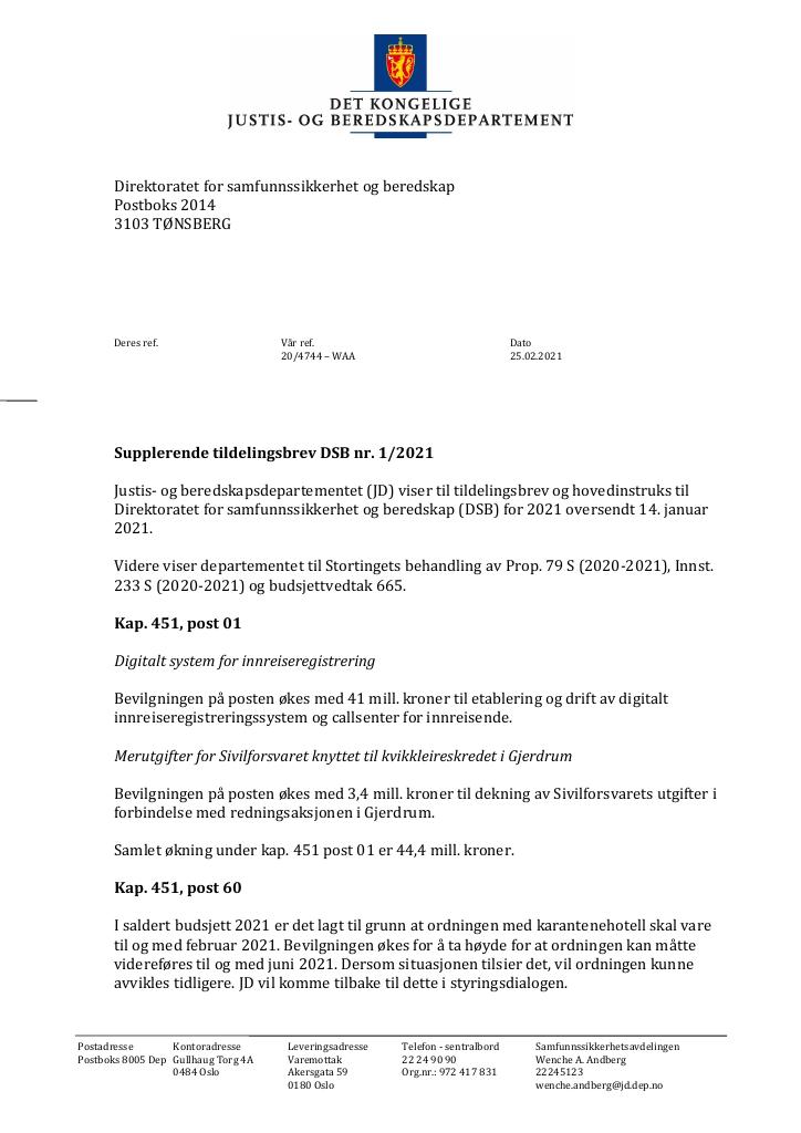 Forsiden av dokumentet Tildelingsbrev Direktoratet for samfunnssikkerhet og beredskap 2021 - tillegg nr. 1
