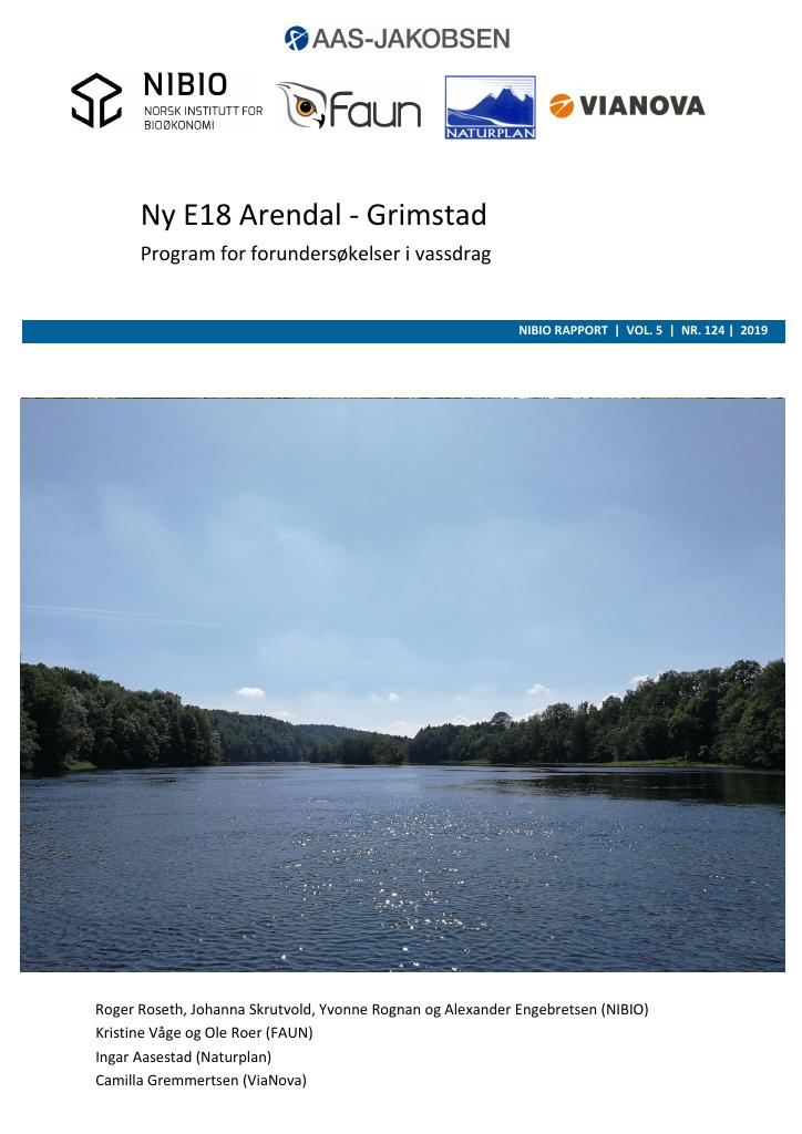 Forsiden av dokumentet Ny E18 Arendal - Grimstad. Program for forundersøkelser i vassdrag