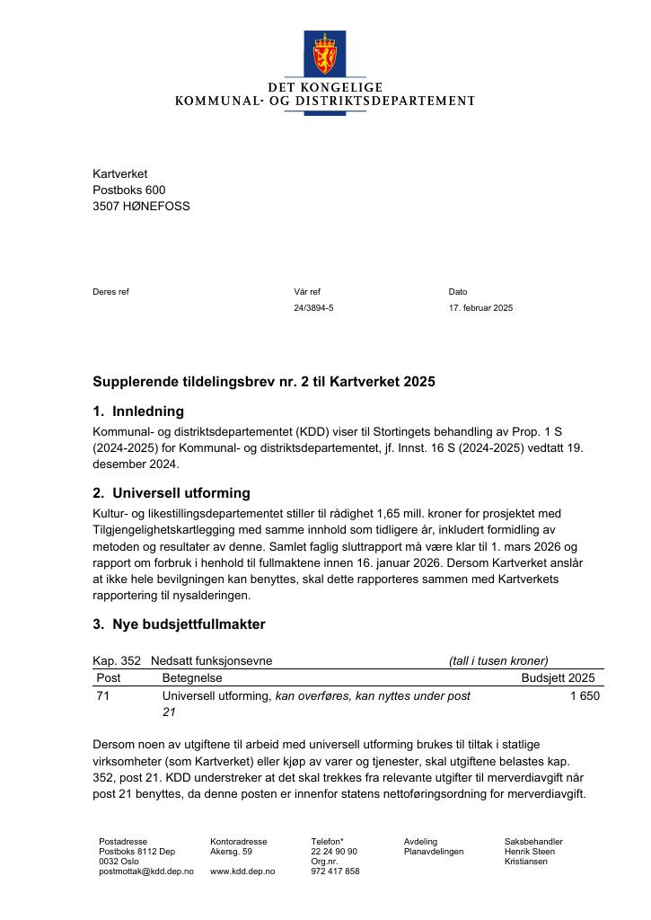 Forsiden av dokumentet Tildelingsbrev Kartverket 2025 - tillegg nr. 2