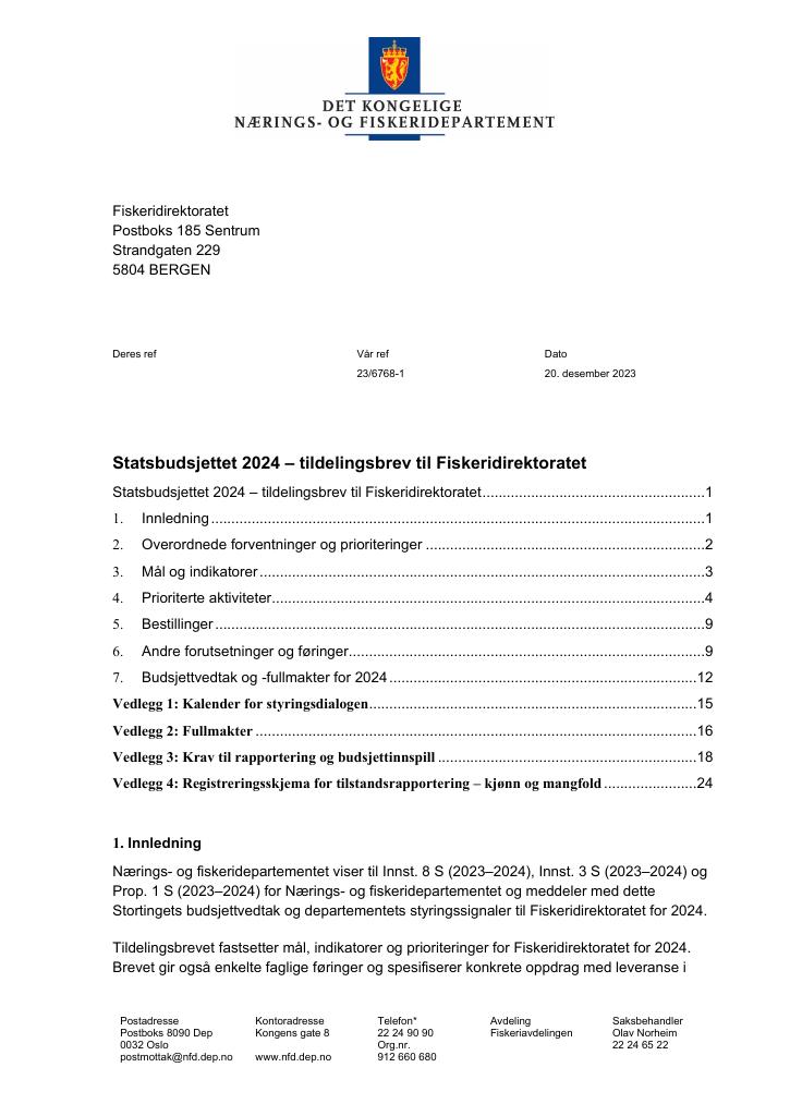 Forsiden av dokumentet Tildelingsbrev Fiskeridirektoratet 2024