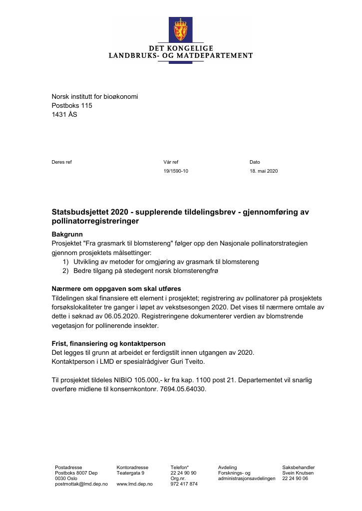 Forsiden av dokumentet Supplerende tildelingsbrev Norsk institutt for bioøkonomi 2020