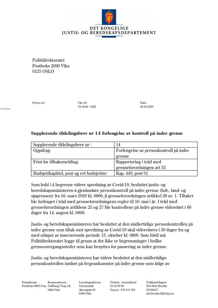 Forsiden av dokumentet Supplerende tildelingsbrev Politidirektoratet 2020 - nr. 14