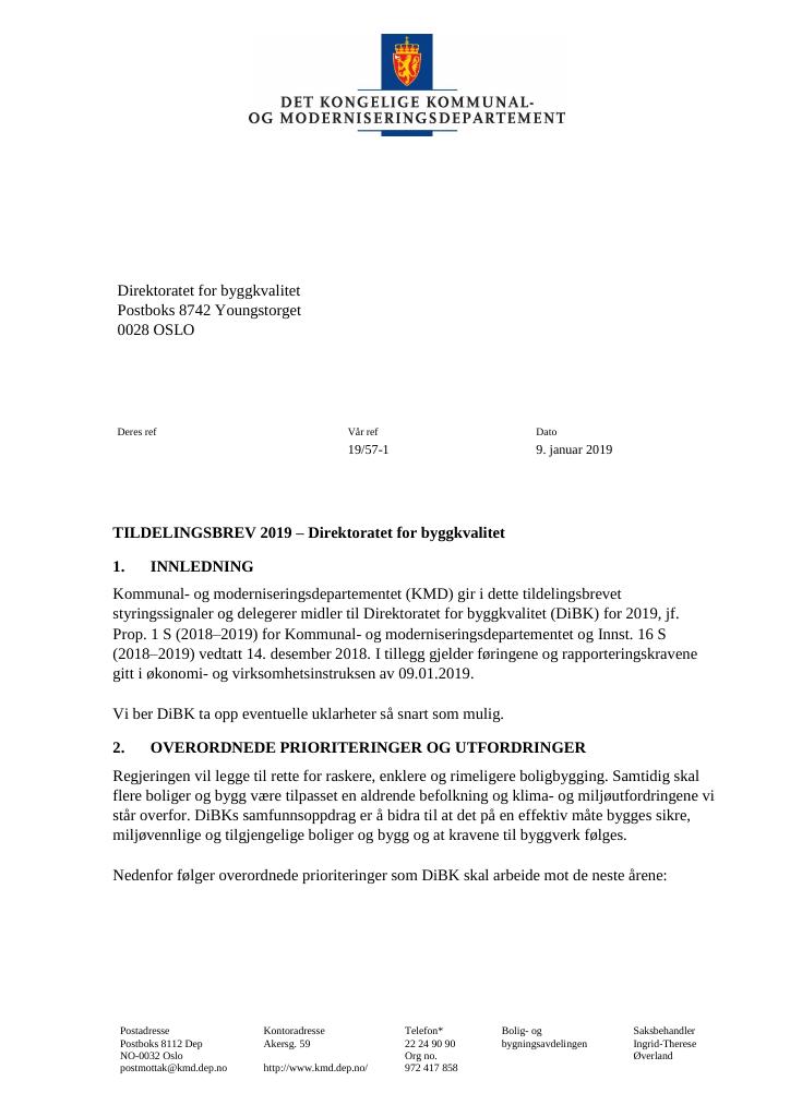 Forsiden av dokumentet Tildelingsbrev Direktoratet for byggkvalitet 2019