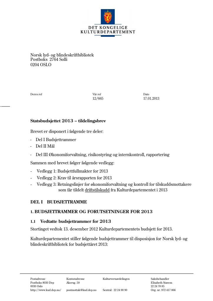 Forsiden av dokumentet Tildelingsbrev (.pdf)