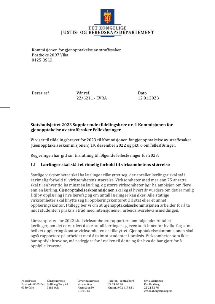 Forsiden av dokumentet Tildelingsbrev Kommisjonen for gjenopptakelse av straffesaker 2023 - tillegg nr. 1