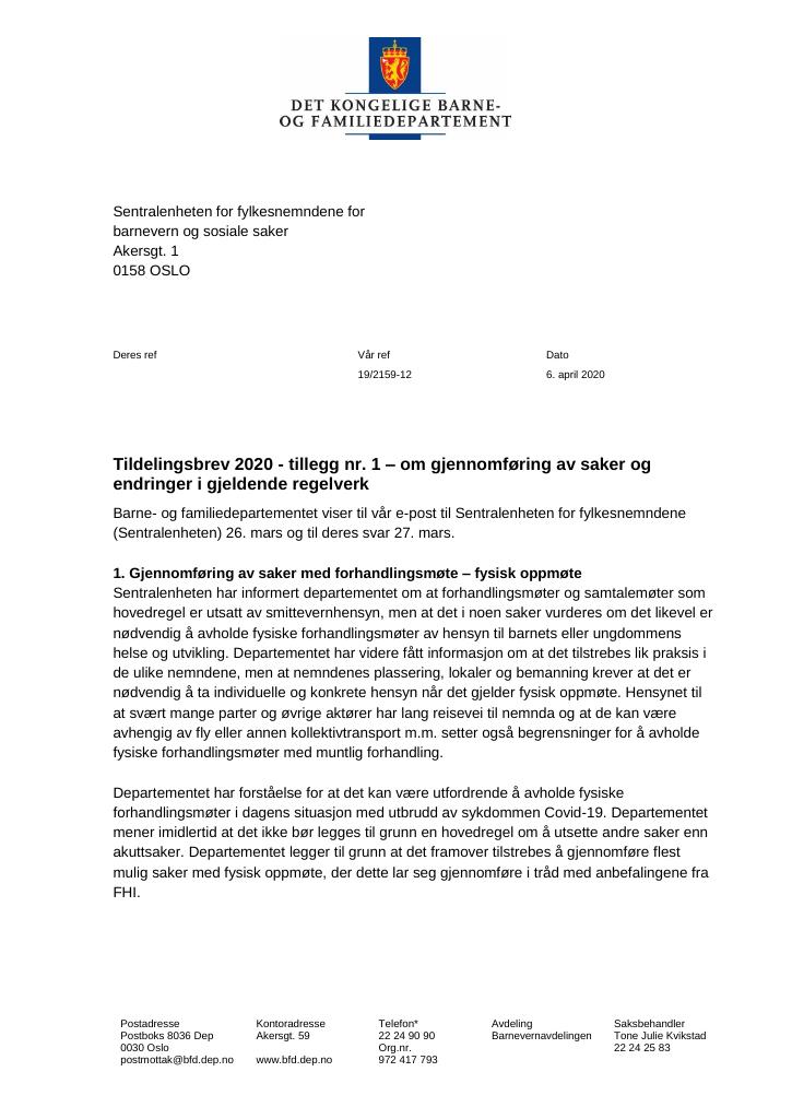 Forsiden av dokumentet Tildelingsbrev Sentralenheten for fylkesnemndene for
barnevern og sosiale saker 2020 - tillegg nr. 1