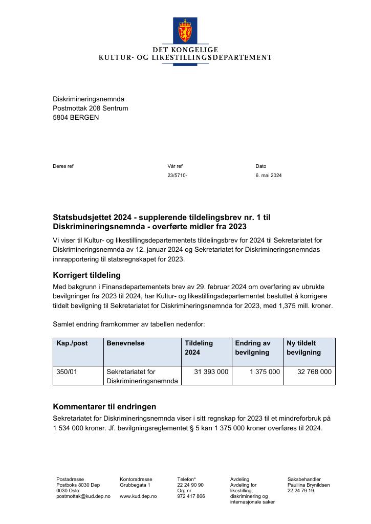 Forsiden av dokumentet Tildelingsbrev Diskrimineringsnemnda 2024 - tillegg nr. 1