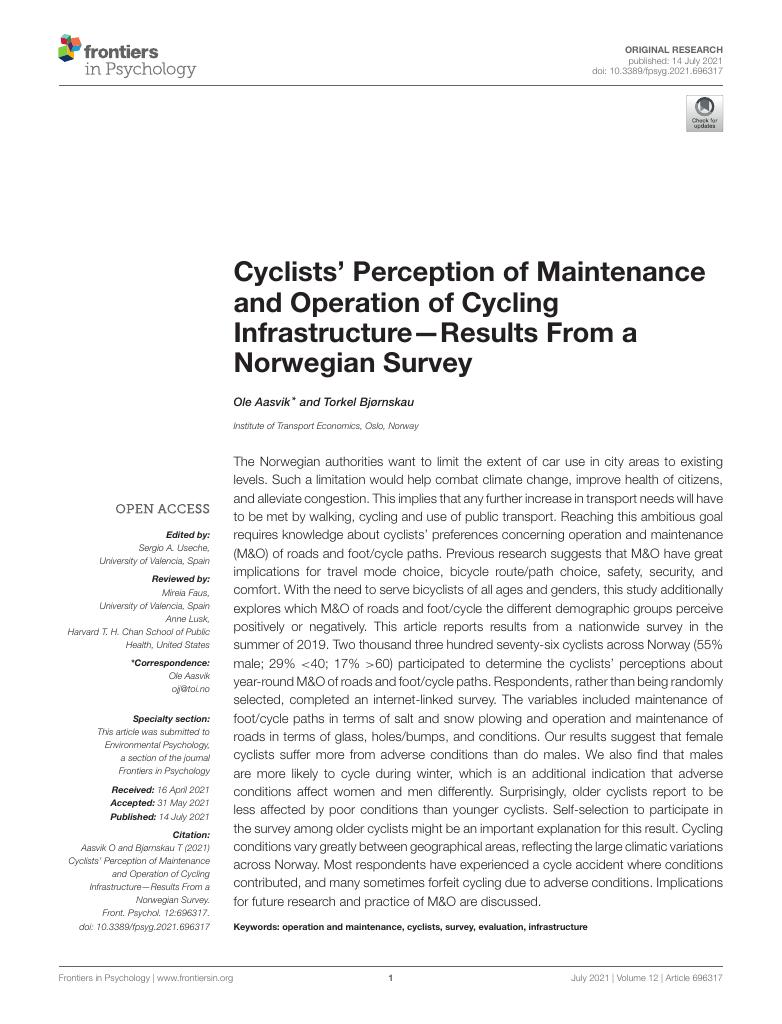 Forsiden av dokumentet Cyclists’ Perception of Maintenance and Operation of Cycling Infrastructure—Results From a Norwegian Survey