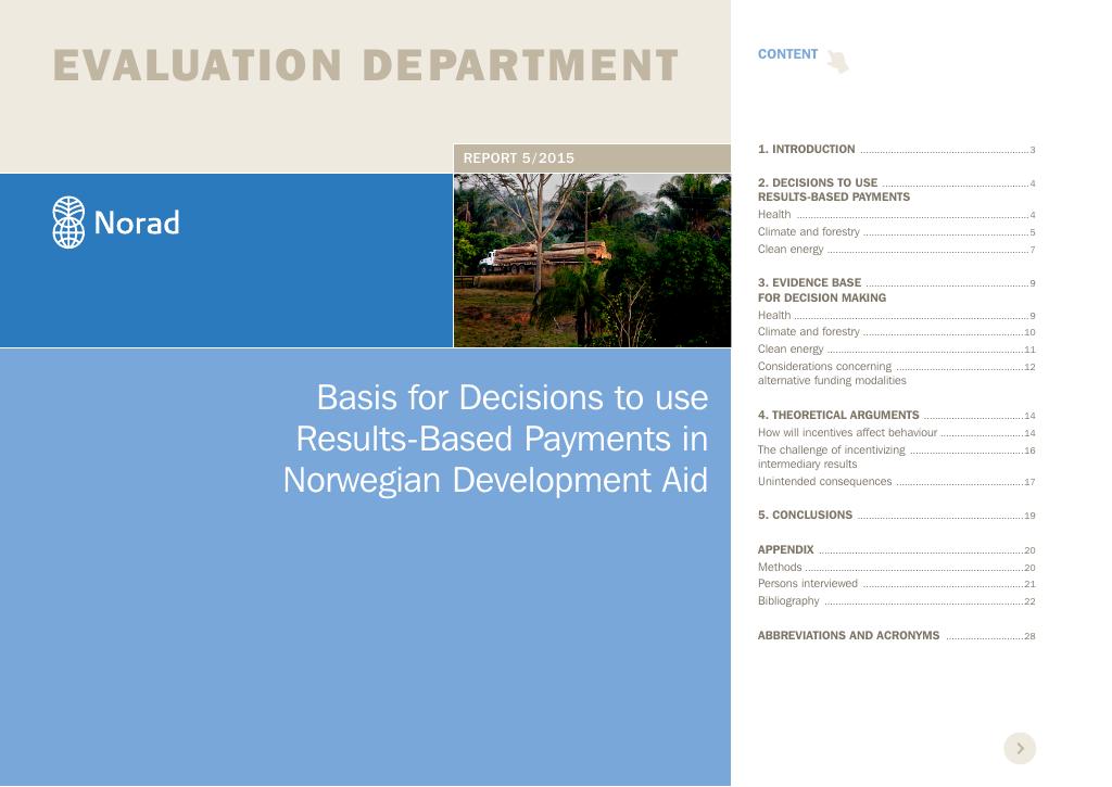 Forsiden av dokumentet Basis for decisions to use results-based payments in Norwegian development aid