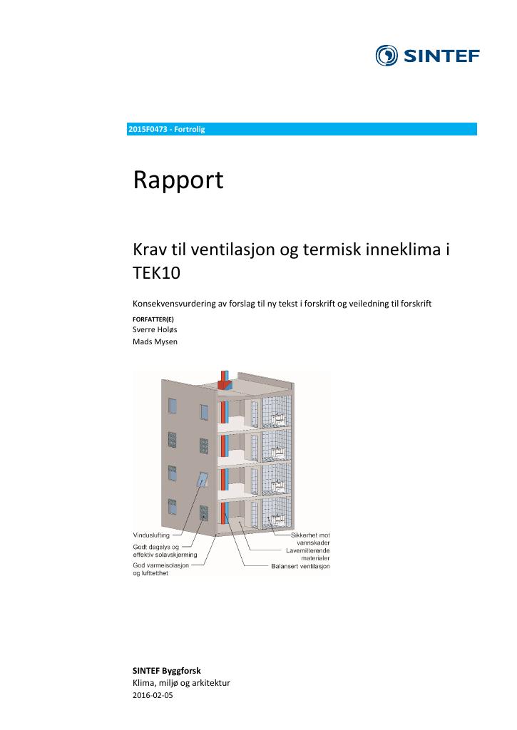 Forsiden av dokumentet Krav til ventilasjon og termisk inneklima i TEK10