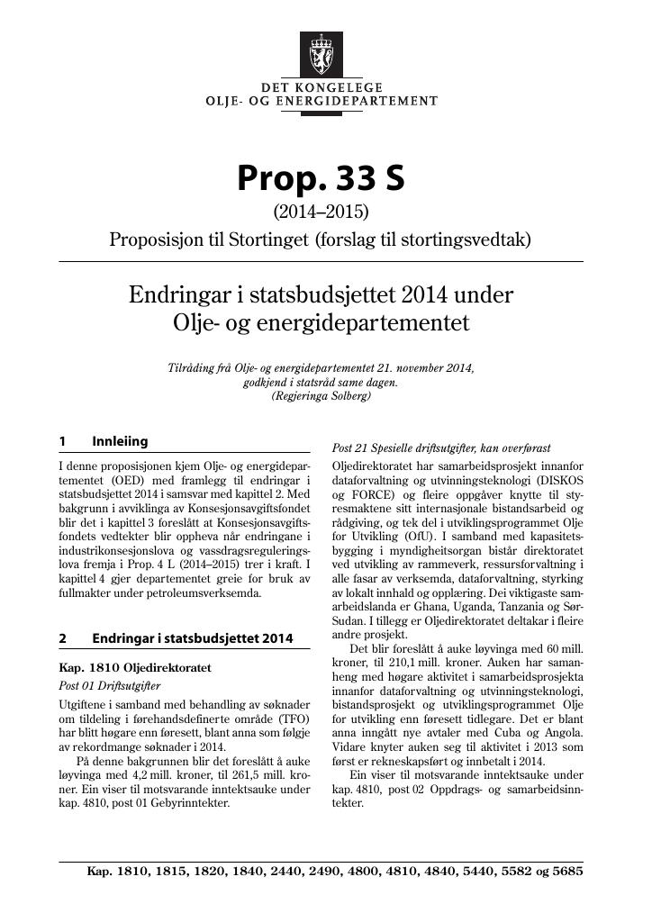 Forsiden av dokumentet Prop. 33 S (2014–2015)