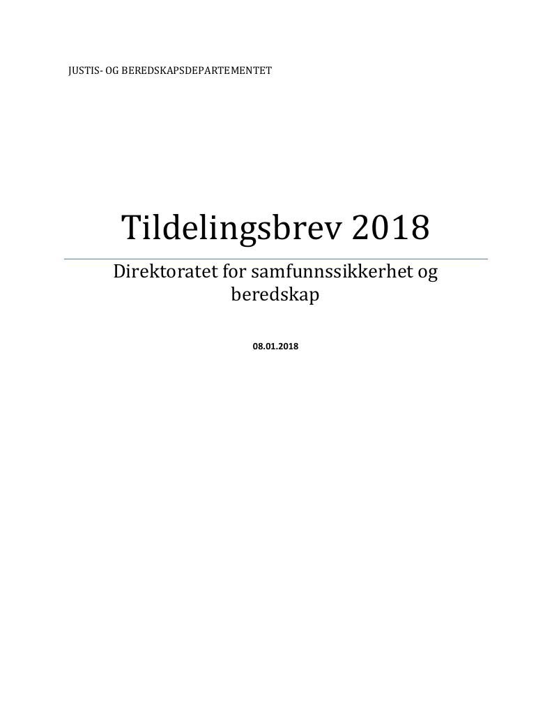 Forsiden av dokumentet Tildelingsbrev Direktoratet for samfunnssikkerhet og beredskap 2018
