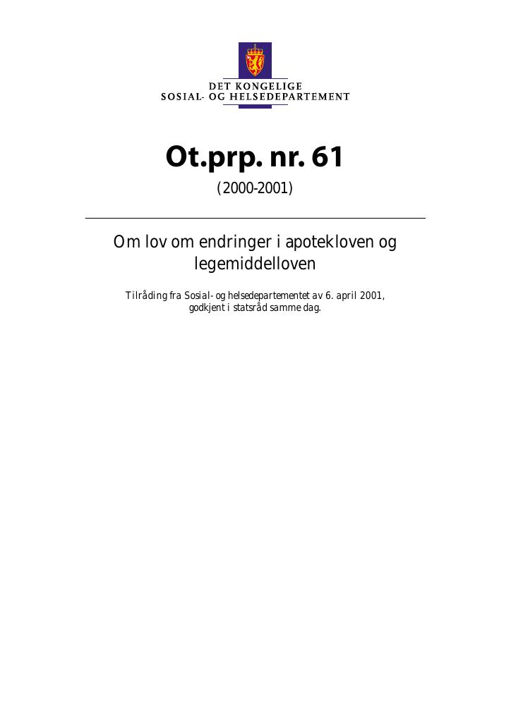 Forsiden av dokumentet Ot.prp. nr. 61 (2000-2001)