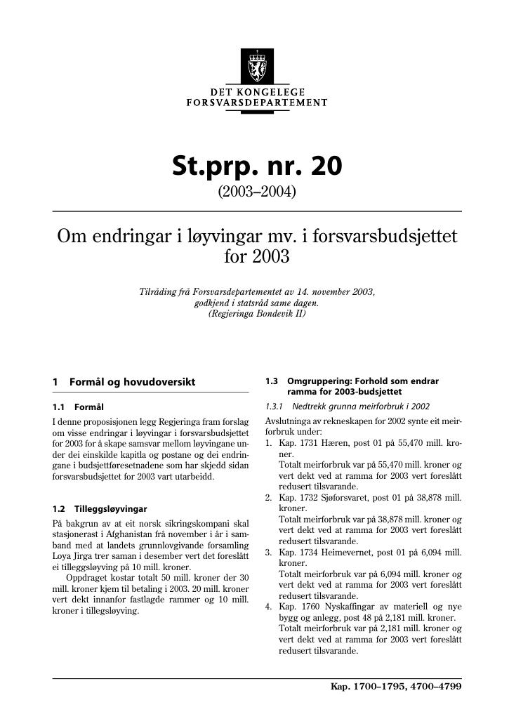 Forsiden av dokumentet St.prp. nr. 20 (2003-2004)