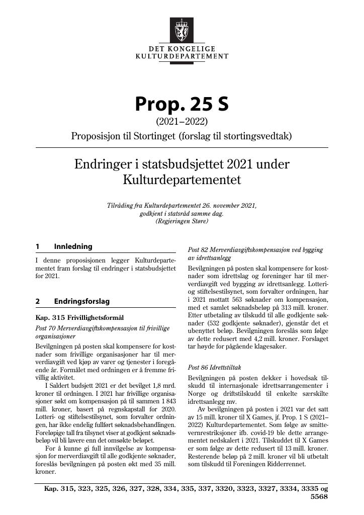 Forsiden av dokumentet Prop. 25 S (2021–2022)