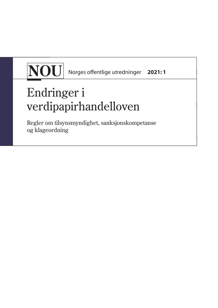 Forsiden av dokumentet NOU 2021: 1 - Endringer i verdipapirhandelloven