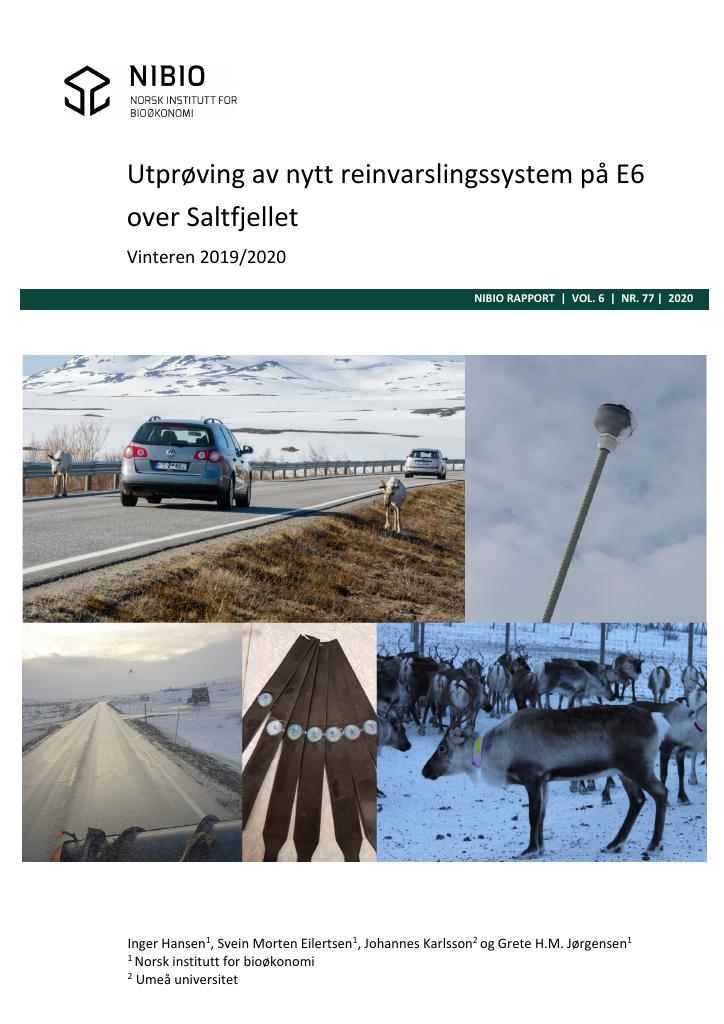Forsiden av dokumentet Utprøving av reinvarslingssystem på E6 over Saltfjellet : vinteren 2019/2020