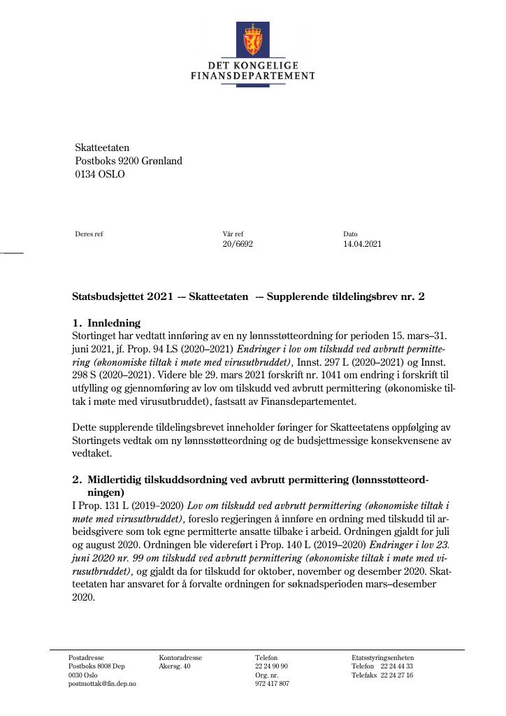 Forsiden av dokumentet Tildelingsbrev Skatteetaten 2021 - tillegg nr. 2