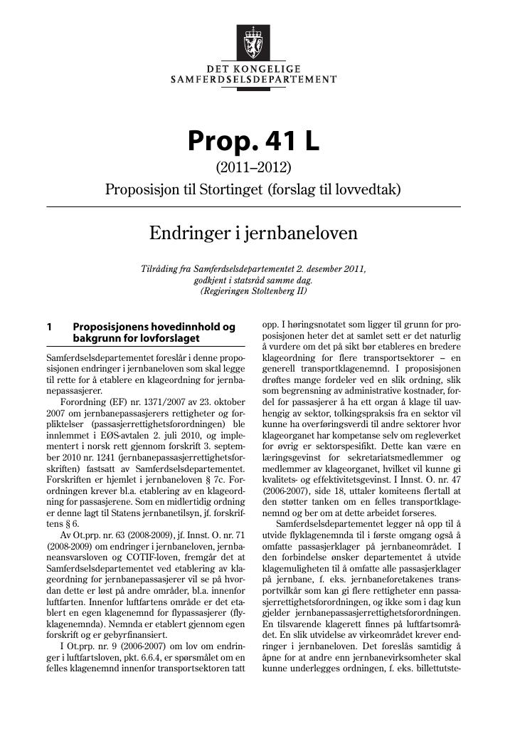 Forsiden av dokumentet Prop. 41 L (2011–2012)