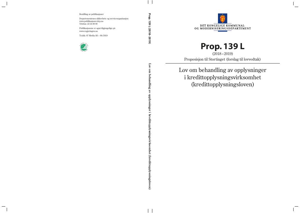 Forsiden av dokumentet Prop. 139 L (2018–2019)