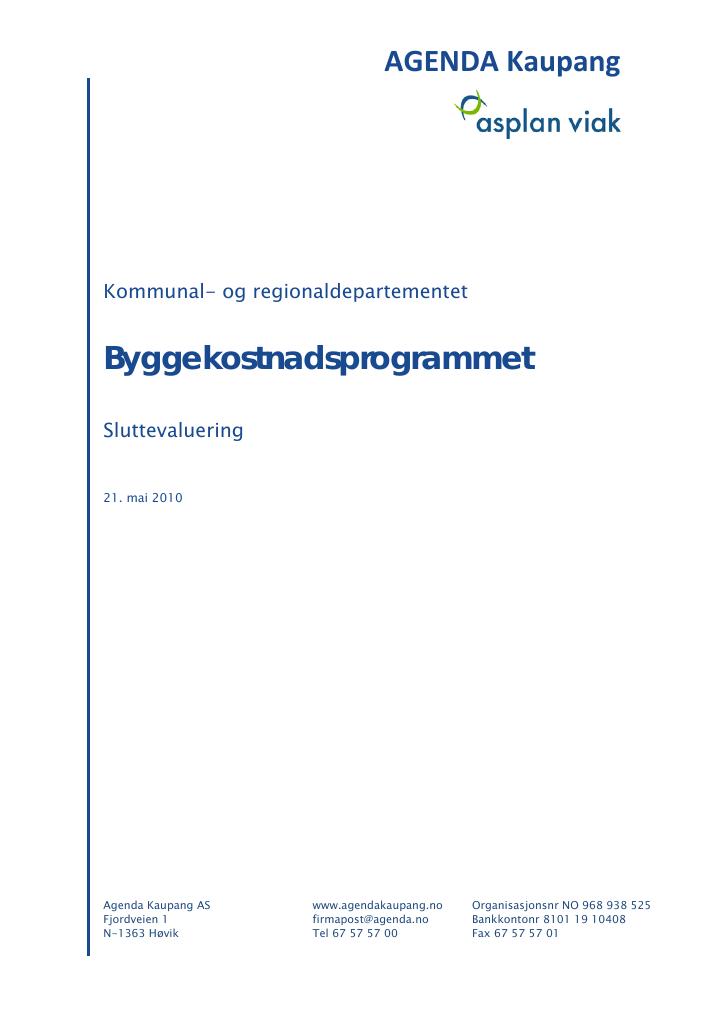 Forsiden av dokumentet Byggekostnadsprogrammet - sluttevaluering