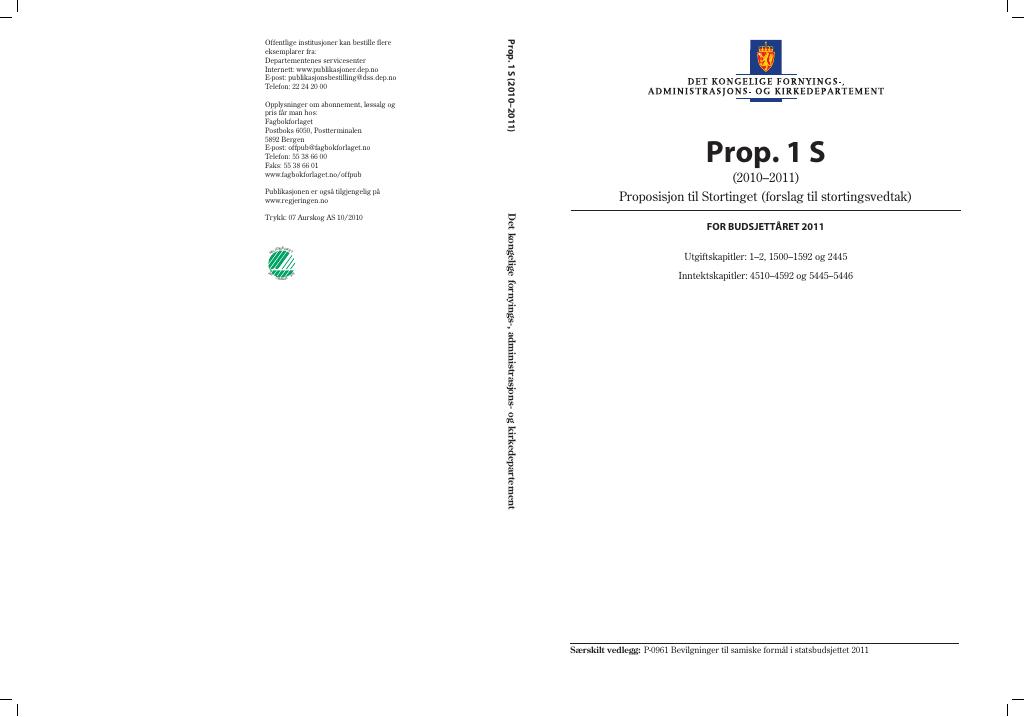 Forsiden av dokumentet Prop. 1 S (2010–2011)