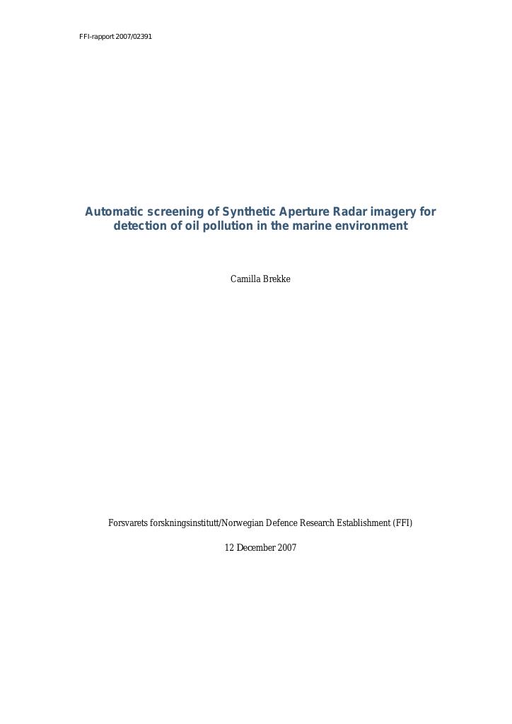 Forsiden av dokumentet Automatic screening of Synthetic Aperture Radar imagery for detection of oil pollution in the marine environment