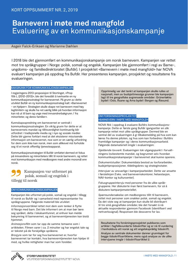 Forsiden av dokumentet Barnevernet i møte med mangfold. Evaluering av en kommunikasjonskampanje. Kort oppsummert