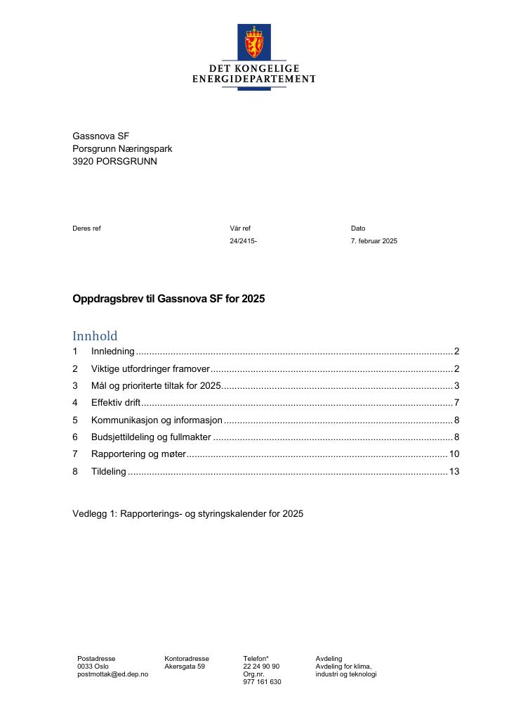 Forsiden av dokumentet Oppdragsbrev Gassnova SF 2025