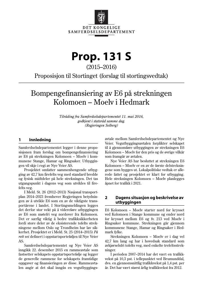 Forsiden av dokumentet Prop. 131 S (2015–2016)