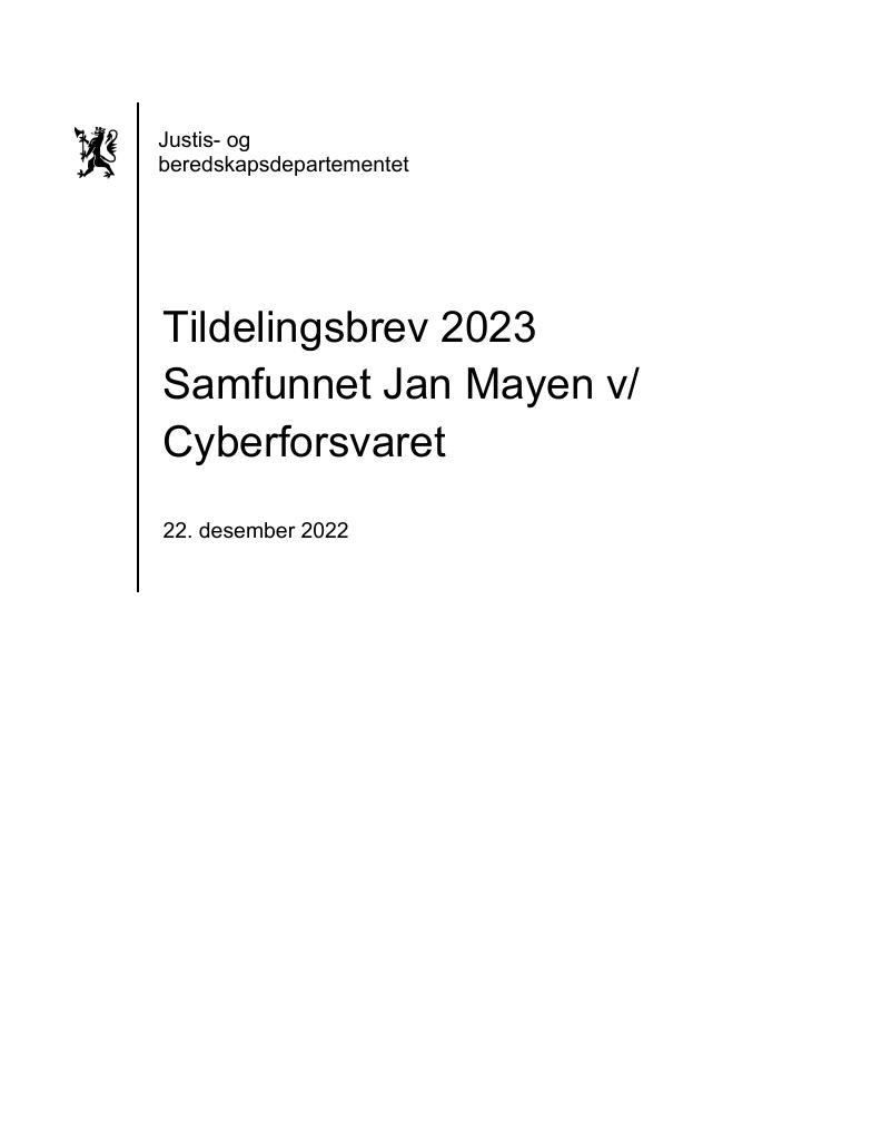 Forsiden av dokumentet Tildelingsbrev Samfunnet Jan Mayen v/ Cyberforsvaret 2023