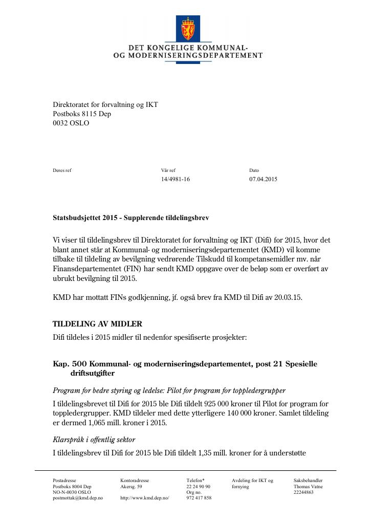 Forsiden av dokumentet supplerende brev april (pdf)