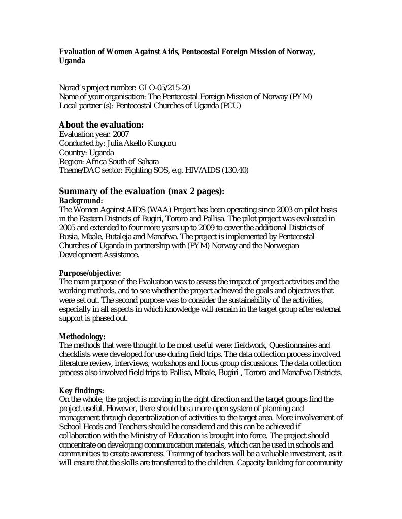 Forsiden av dokumentet Evaluation of Women Against Aids, Pentecostal Foreign Mission of Norway, Uganda