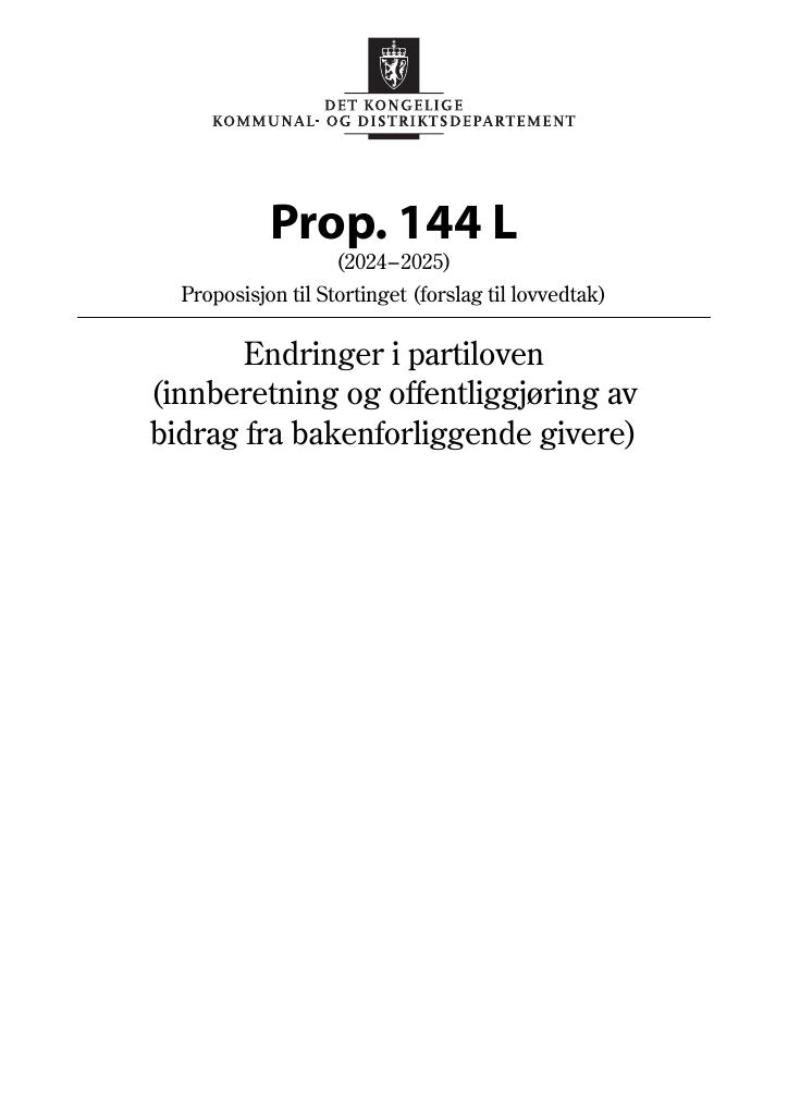 Forsiden av dokumentet Prop. 144 L (2024–2025)