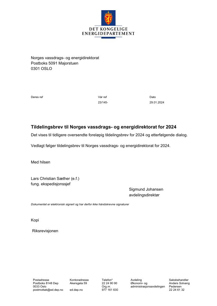 Forsiden av dokumentet Tildelingsbrev 2024