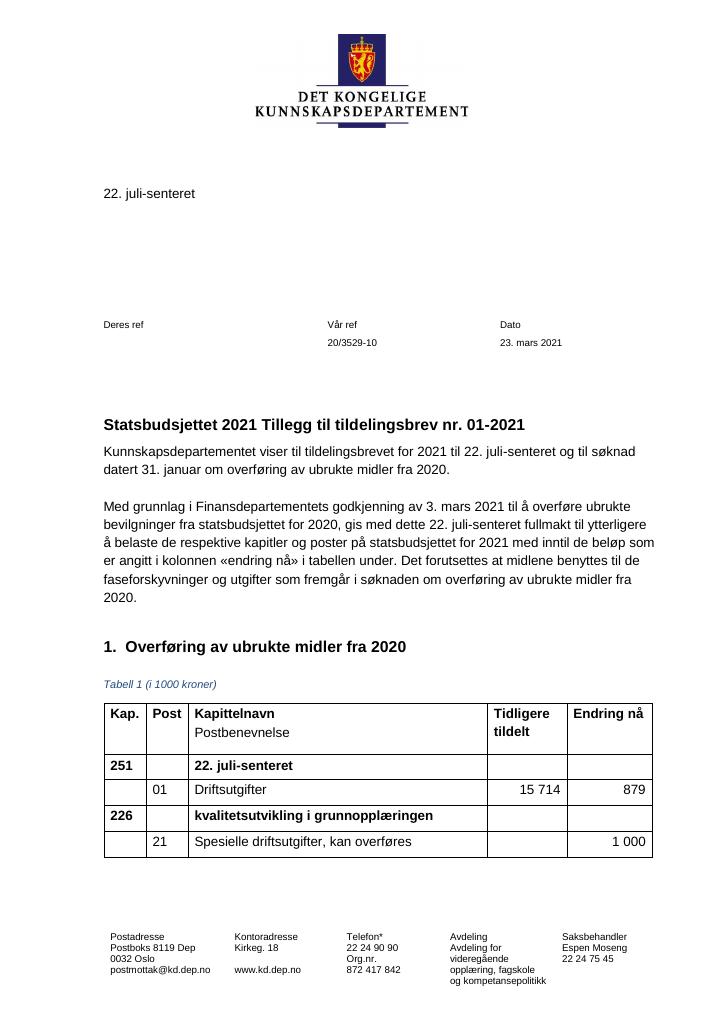 Forsiden av dokumentet Tildelingsbrev 22. juli-senteret 2021 - tillegg nr. 1