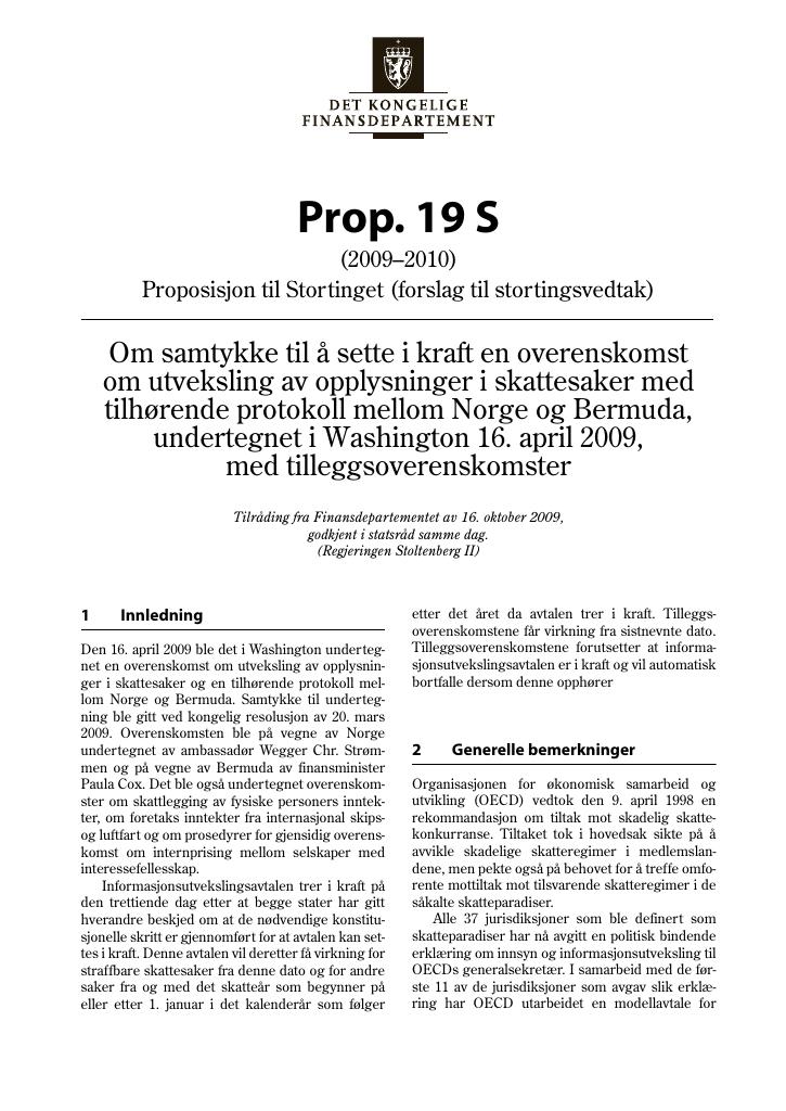 Forsiden av dokumentet Prop. 19 S (2009-2010)