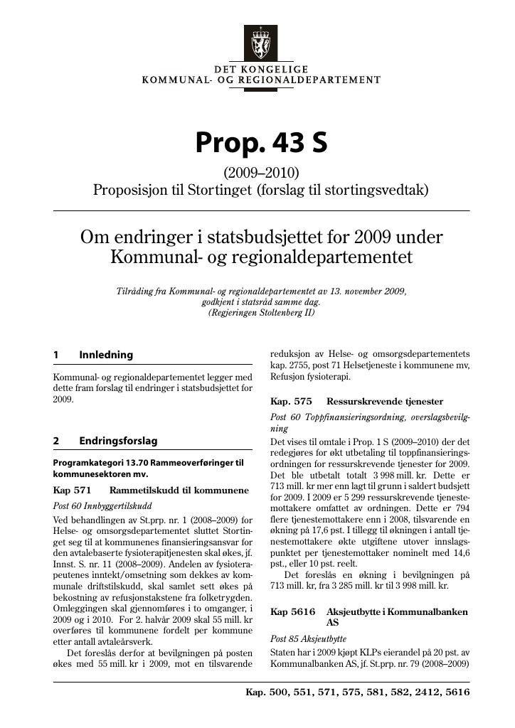 Forsiden av dokumentet Prop. 43 S (2009–2010)