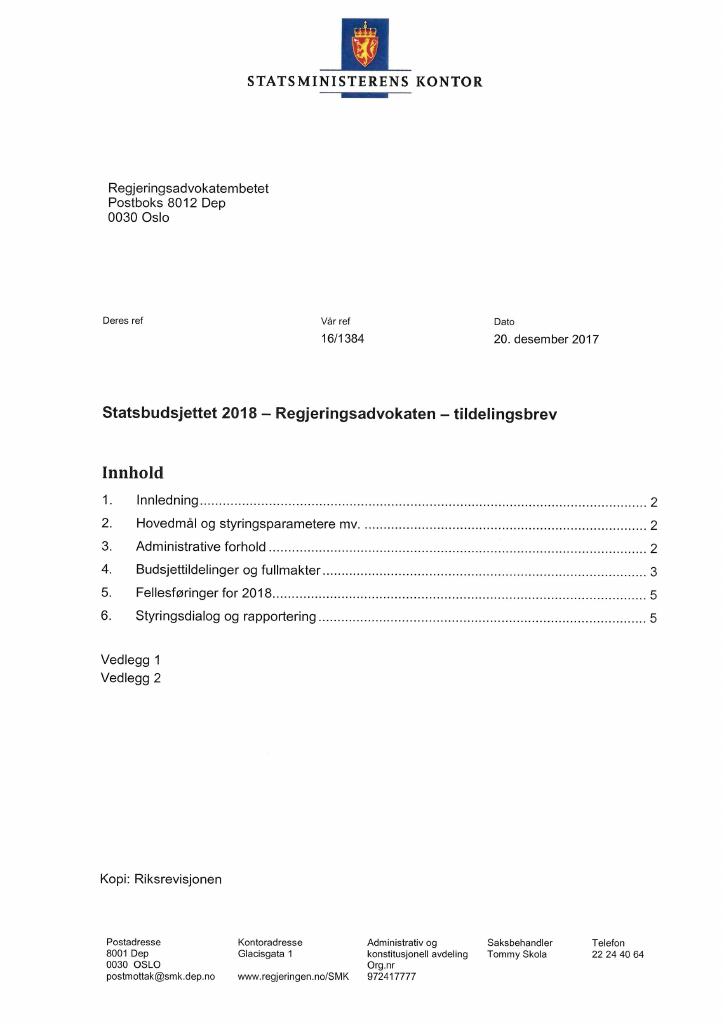 Forsiden av dokumentet Tildelingsbrevet i pdf-format