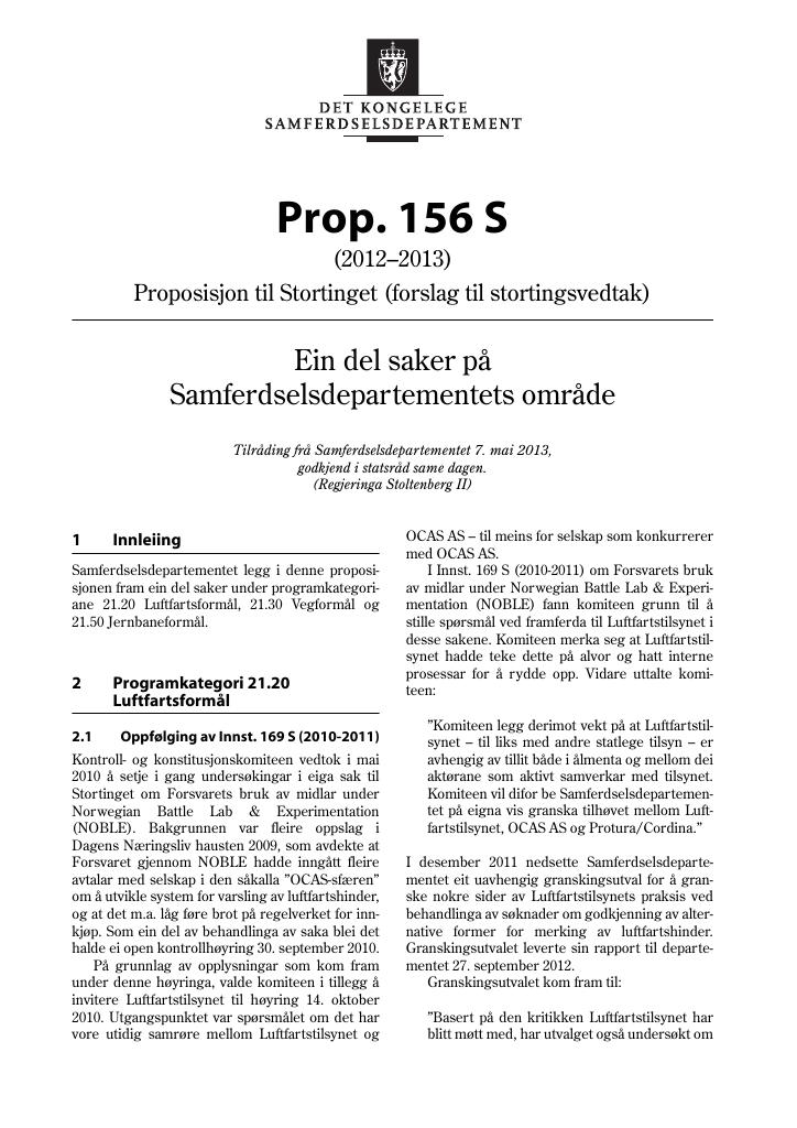 Forsiden av dokumentet Prop. 156 S (2012–2013)