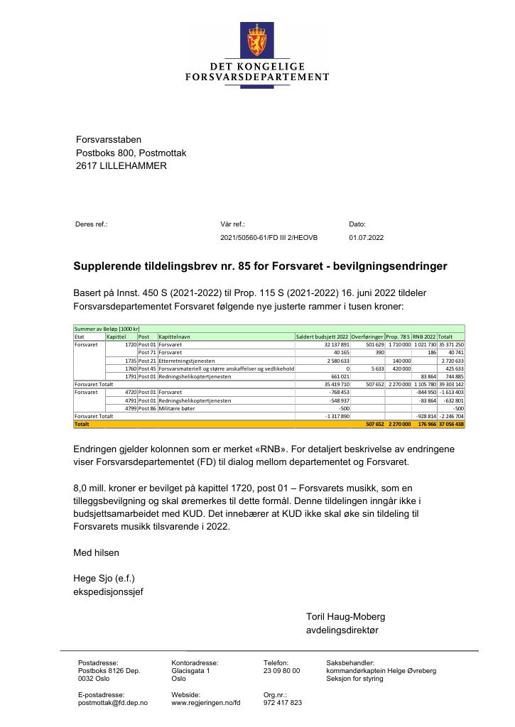 Forsiden av dokumentet Tildelingsbrev Forsvaret 2022 - tillegg nr. 85