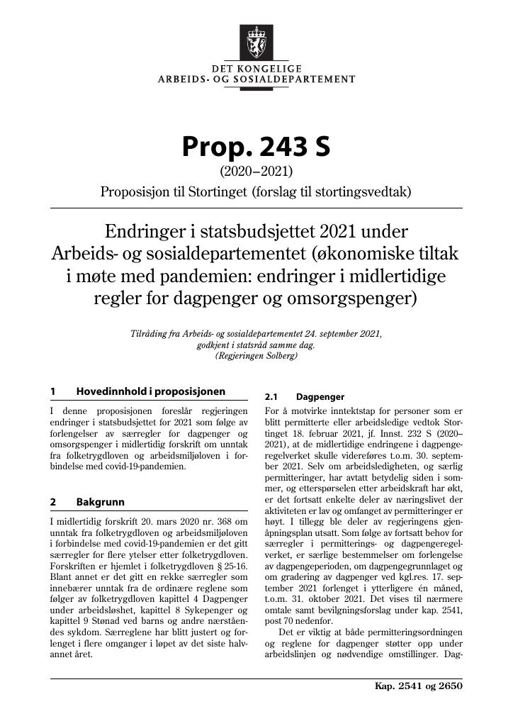 Forsiden av dokumentet Prop. 243 S (2020–2021)