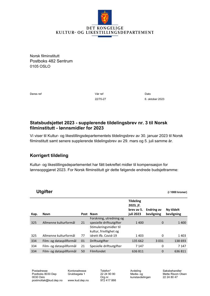 Forsiden av dokumentet Supplerende tildelingsbrev nr. 3 (.pdf) 2023