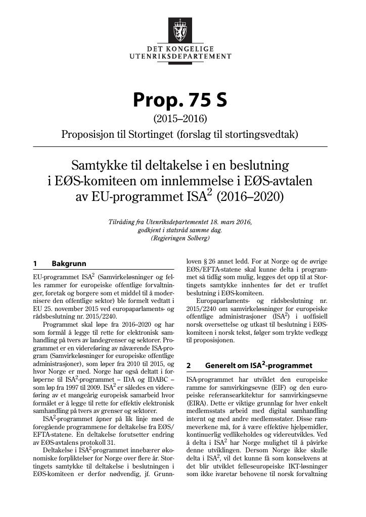 Forsiden av dokumentet Prop. 75 S (2015–2016)