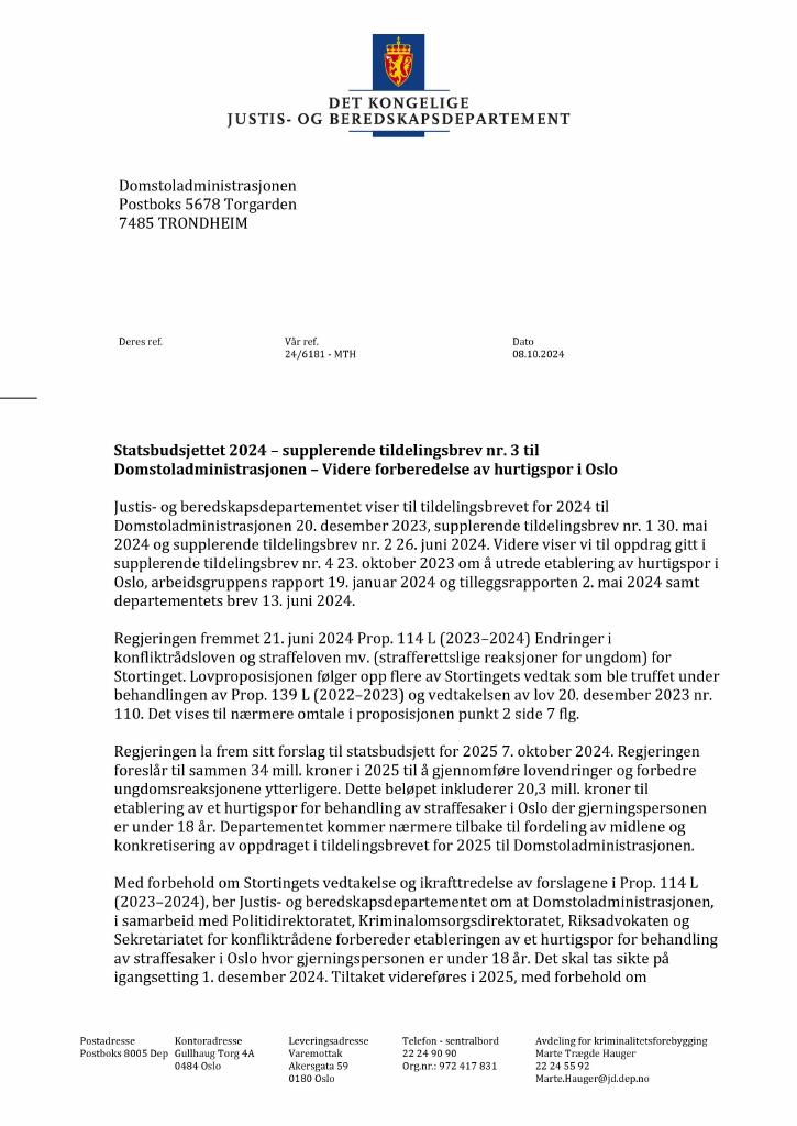 Forsiden av dokumentet Tildelingsbrev Domstoladministrasjonen 2024 - tillegg nr. 3