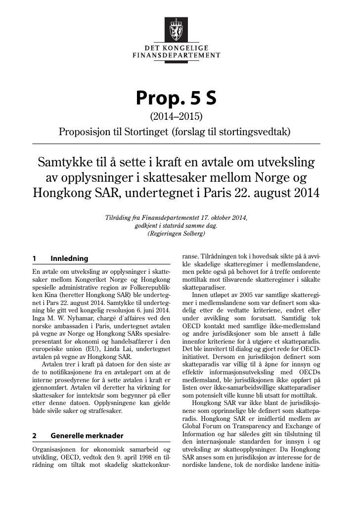 Forsiden av dokumentet Prop. 5 S (2014–2015)