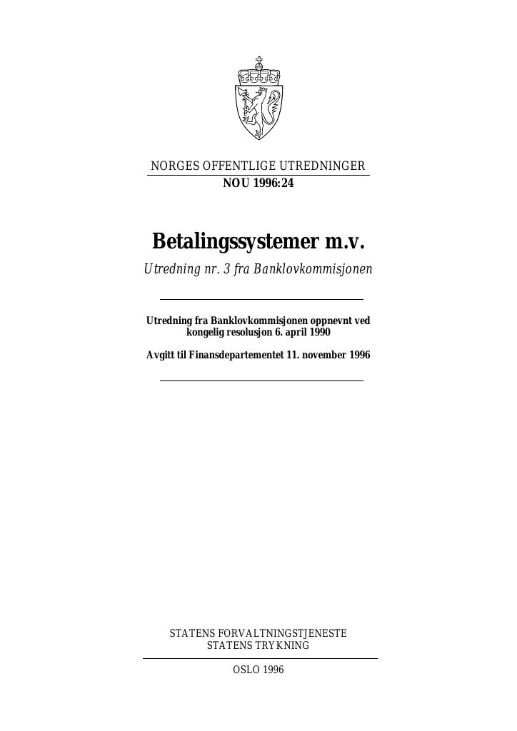 Forsiden av dokumentet NOU 1996: 24 - Betalingssystemer m.v.